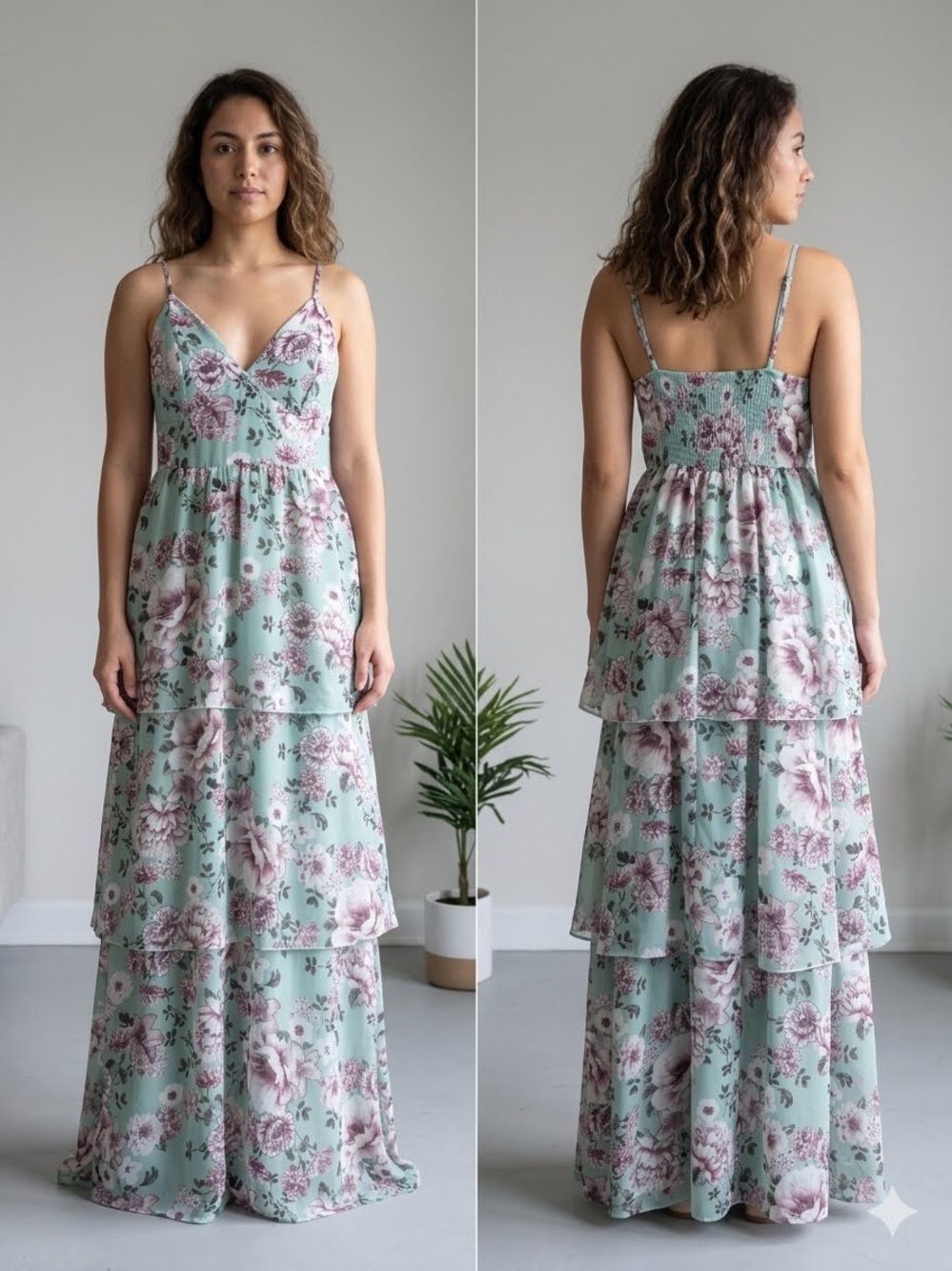 Floral Tiered Maxi Dress in Mint Green